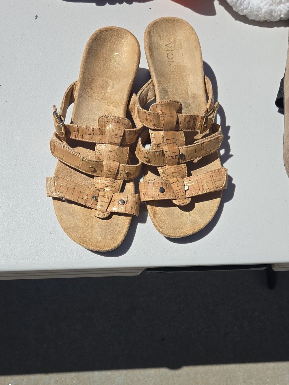 Vionic Tan Cork-Style Multi-Strap Slide Sandals